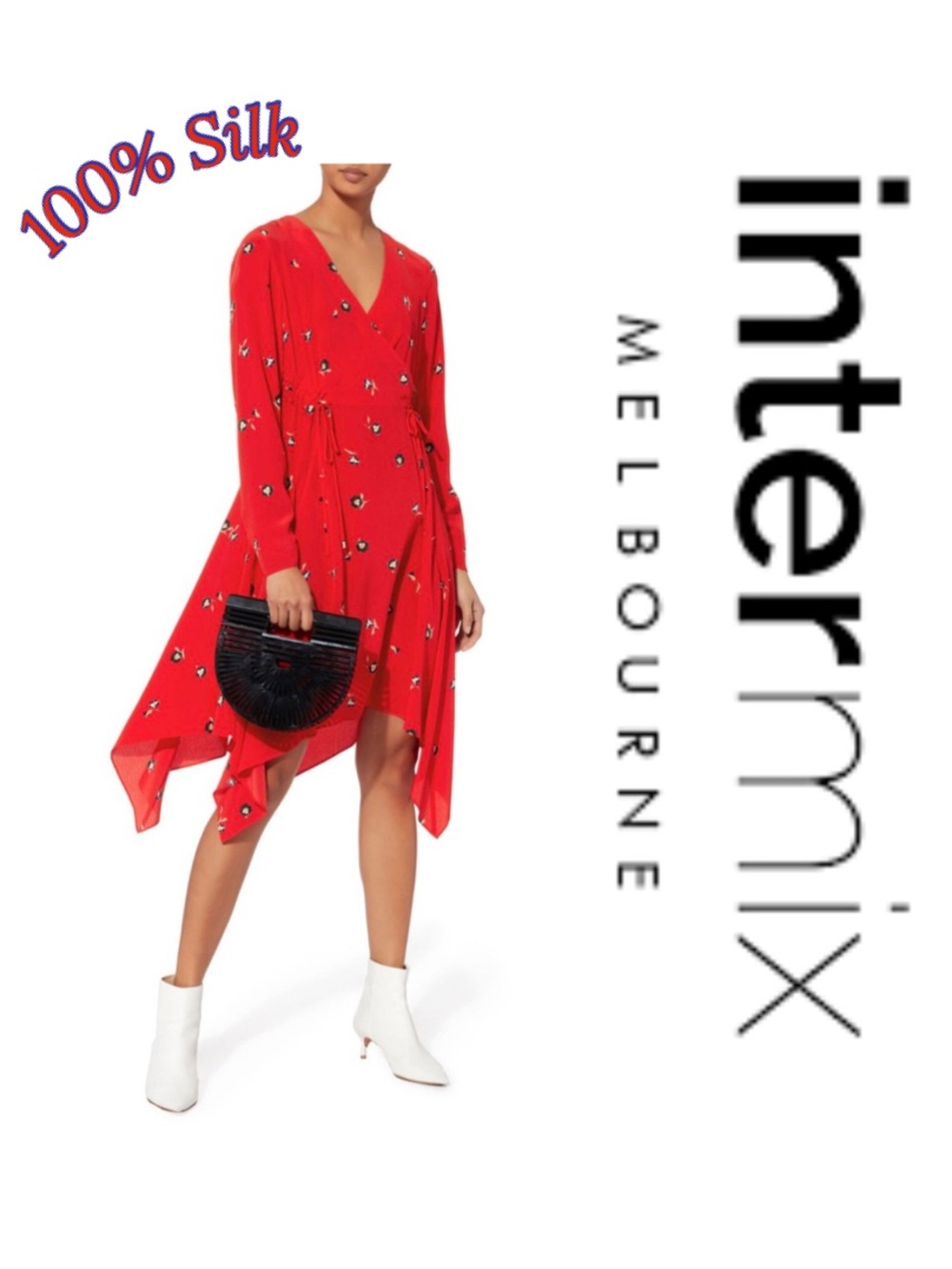 🍒 Intermix Red Silk Floral Josie Midi Dress Sz: 8 MSRP $395